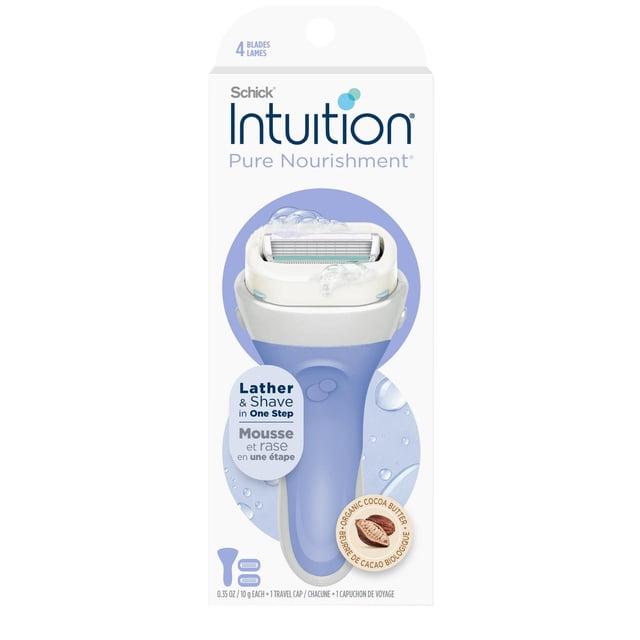 Schick Intuition Pure Nourishment Women’s Razor with Coconut Milk and Almond Oil in packaging, featuring a blue ergonomic handle and a 4-blade pivoting head surrounded by moisturizing shave cream that lathers and softens skin in one step.