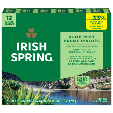 Irish Spring Aloe Mist Deodorant Bar Soap for Men, 104.8 g Bar (12 Bars)