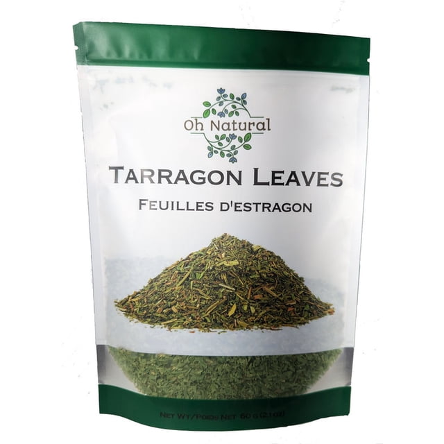 Oh Natural Feuilles d'estragon, Produit de France, 60 g (2,12 oz) dans une Pochette Refermable. l'Emballage Présente un devant Transparent Mettant en Valeur les Feuilles d'estragon Séchées Vert Vif, Connues pour Leur Goût de Réglisse et Leur Usage Essentiel dans la Cuisine Française. l'Étiquette Comprend un Texte Bilingue « Feuilles d'estragon » et le logo de la Marque.
