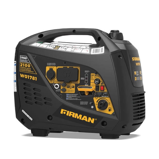 Firman Power Equipment W01781 gas powered 2100/1700 watt inverter generator in black with yellow control panel, featuring 120V, 12V, and USB outlets, ergonomic top handle, digital voltage regulator, and fuel cap, designed for portable power and home improvement electrical use with quiet operation and efficient engine.