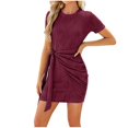 thumbnail image 4 of Dvkptbk Womens Summer Bodycon Dress Solid Color Crew Neck Party Dress Ribbed Slim Fit Ruched Bodycon Casual Mini Dresses, 4 of 7