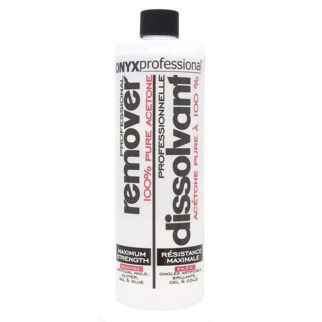 Onyx Professional 100% Pure Acetone Polish Remover bottle with black screw cap and white label, featuring bold black and red text stating maximum strength acetone formula for removing artificial nails, gel polish, glitter, and glue, with bilingual English and French instructions.
