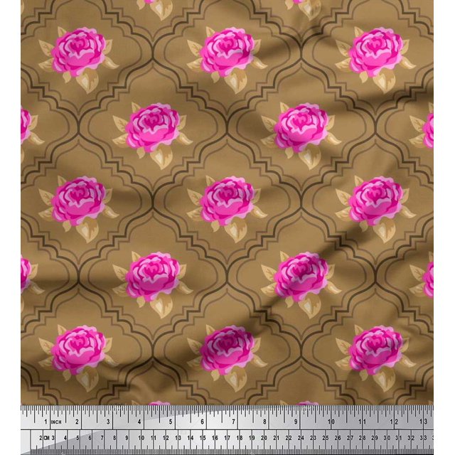 Soimoi Tissu Popeline de Coton Design Quatrefoil, Feuilles & Roses Imprimés Floraux au Mètre 42 Pouces de Large