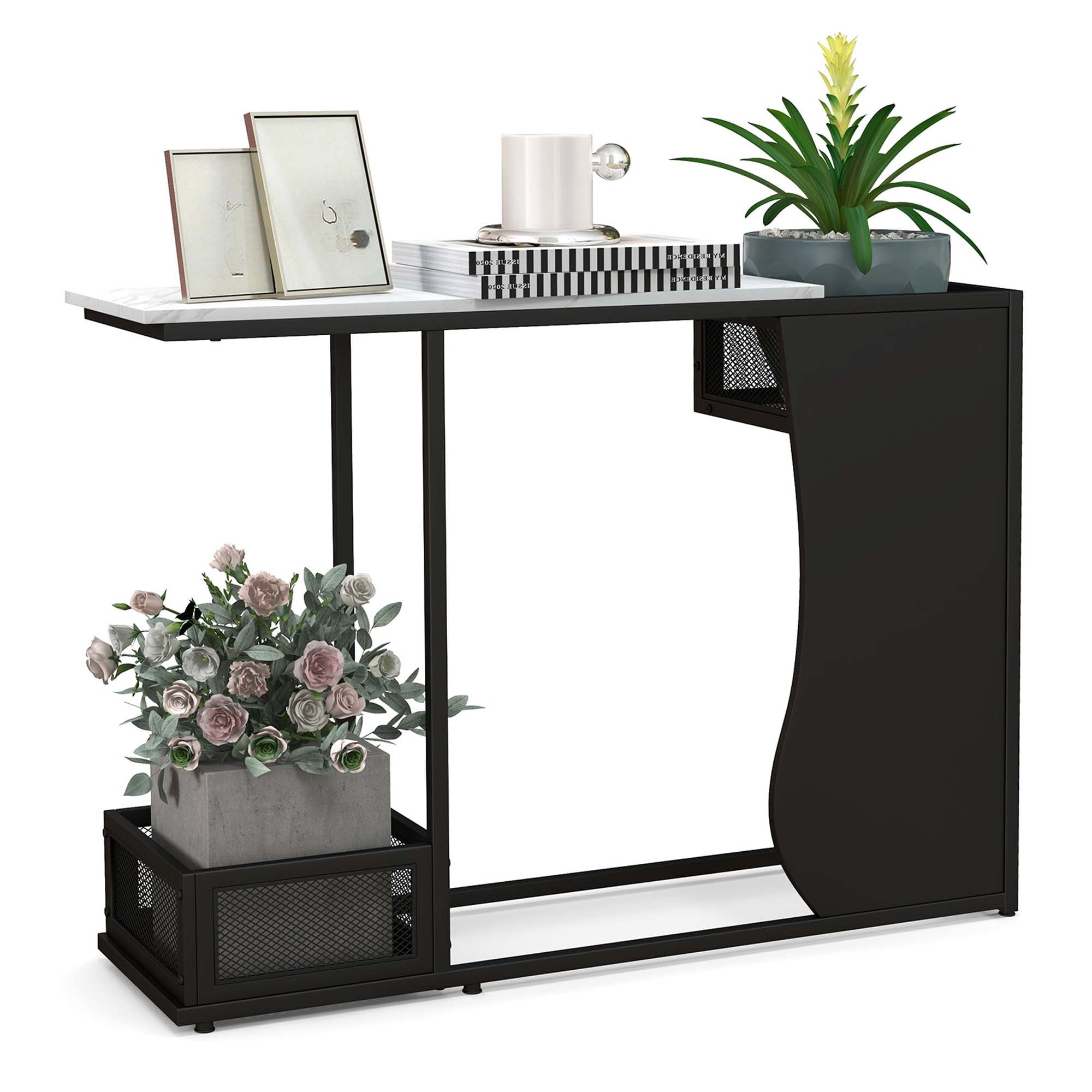 Costway Table Console de 43,5 Po avec Dessus en Faux Marbre et 2 Compartiments de Rangement pour Entrée et Couloir