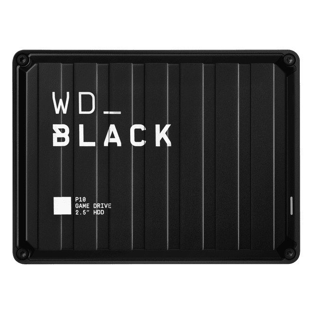 5TB Western Digital Black™ P10 Game Drive portable external hard drive with matte black ribbed metal casing and white WD_BLACK branding, designed for high-performance gaming storage on PC and consoles, also suitable for portable media backup.