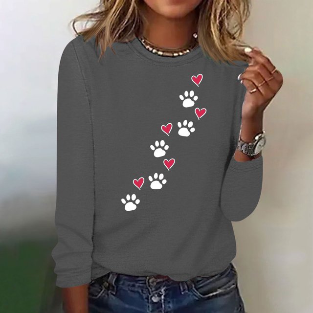 XZNGL Womens Printed Round Neck Pullover Long Sleeved Casual Womens