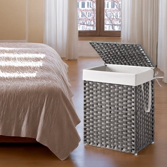 LEDREM Foldable Laundry Hamper Basket with Removable Liner & Lid, 23.8 Gallon (90L) Waterproof Synthetic Rattan, Space-Saving for Bathroom,Bedroom, Handles for Easy Carry, Dove Grey