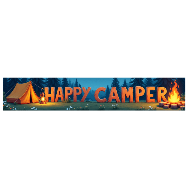 Forest Design Happy Camper Tent Banner Campfire Nature Scene for Outdoor Adventure Camping Event