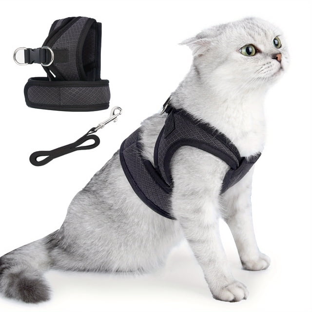 Escape-Proof Cat Harness & Leash Set featuring an adjustable vest with cushioned control, shown in a dark grey color. The harness is designed for outdoor adventures and includes a matching leash with a secure metal clip. A white cat is wearing the harness, demonstrating its snug and comfortable fit. The set is unbranded and suitable for cats of various sizes.