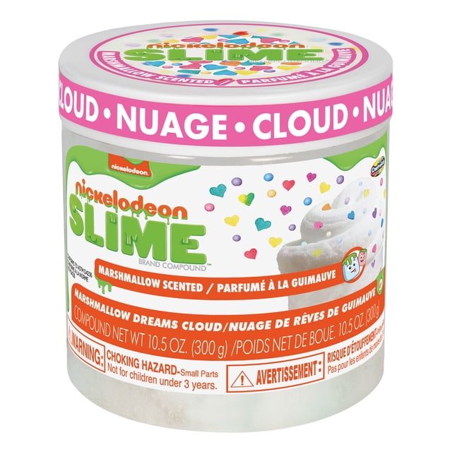 Nickelodeon Slime Specialty Jars - Marshmallow Dreams Cloud marshmallow scented pre-made slime compound in a clear jar with a white lid, featuring colorful heart-shaped confetti mix-ins and labeled with safety warnings, weighing 10.5 oz (300 g), ideal for kids 6+ for arts and crafts slime play.