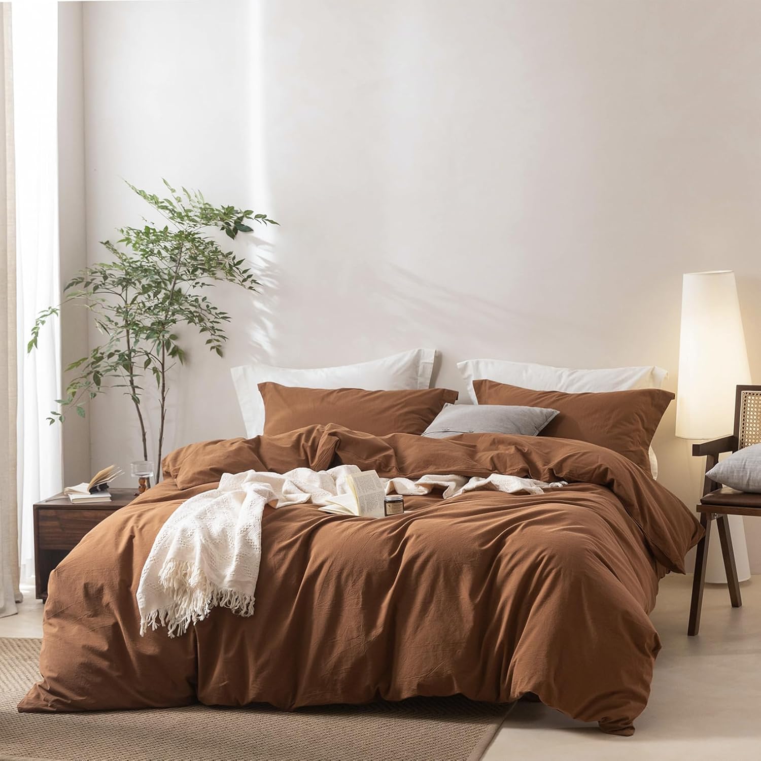 Linen Feel Dark Orange Duvet Cover Oversized Queen Size 98'' L x 98'' W, 100% Washed Cotton Duvet Cover with Zipper Closure Plus 2 Pillowcases, Cozy and Breathable