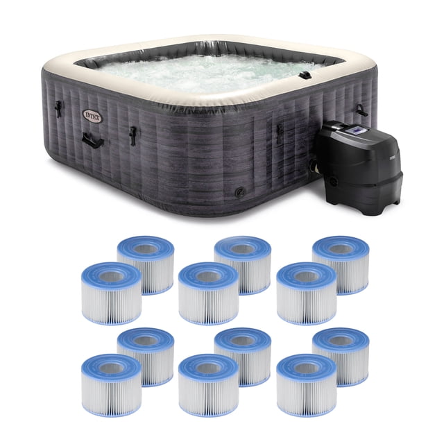 Intex PureSpa Plus spa Gris Pierre, 94 X 28 Pouces, un spa Gonflable et portable Gris au design Carré, avec Panneau de Commande Intégré et Système de Pompe Externe. Comprend 12 Cartouches de Filtre de Rechange avec Plis Blancs et Bouchons Bleus pour l'Entretien de l'Eau. Peut Accueillir jusqu'à 6 Personnes, avec 140 jets à Bulles, Chauffage Réglable, Éclairage DEL et Appuie-Tête pour une Expérience de spa Relaxante. Idéal pour une Utilisation Extérieure et Installation Facile.