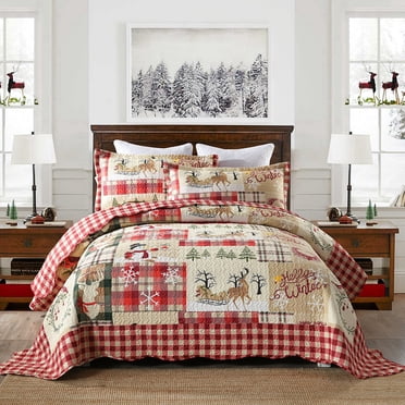 MarCielo Courtepointe Rustique Style Chalet avec Cerf de Noël Couvre-Lit Matelassé Format Grand Rouge