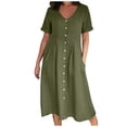 thumbnail image 2 of Robes d'Été 2023 Mode Femmes Été Décontracté Col en V Uni Manches Courtes Bouton Poche Robe en Coton et Lin Robes d'Été Décontractées pour Femmes en Liquidation, 2 of 9