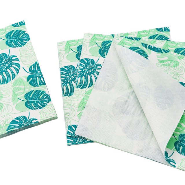 WAY TO CELEBRATE! SUMMER PARTY LUNCH NAPKINS – LEAF DESIGN, 6.5IN, 18CT showing disposable paper napkins with a tropical green and teal leaf pattern, folded and stacked, ideal for summer parties, outdoor barbecues, and casual picnics.