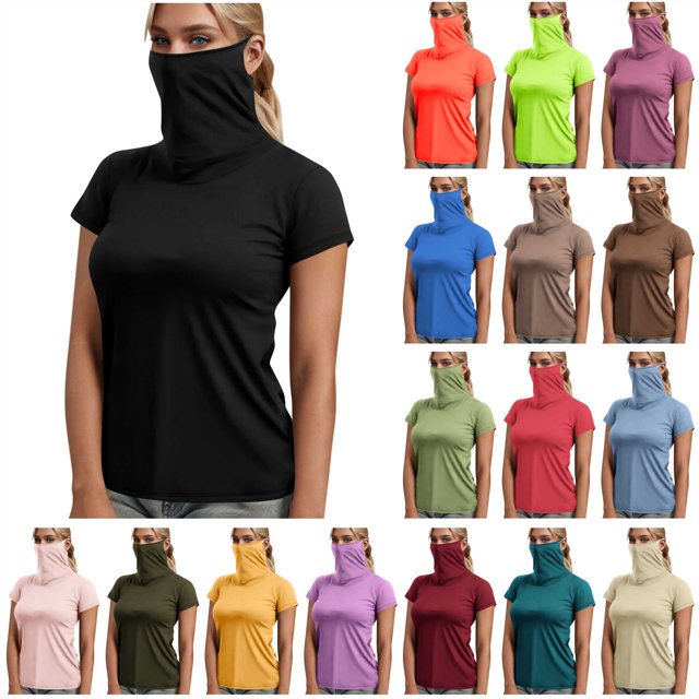 BiZtdJrK T-Shirts de Protection Solaire à Manches Courtes pour Femmes avec Masque Facial, Maillot Dermoprotecteur d'Extérieur, Chemise de Pêche et de Randonnée, Haut Court Décontracté d'Été, Blanc, TG, Offres Éclair d'Aujourd'hui