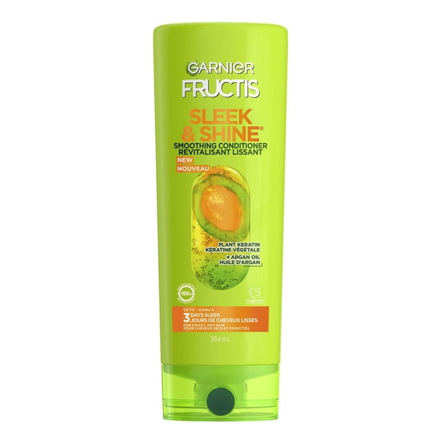 Garnier Fructis Sleek & Shine Conditioner in a 354 mL lime green bottle with flip-top cap, containing plant keratin and argan oil to smooth frizzy, dry hair and provide up to 3 days of frizz control even in high humidity.