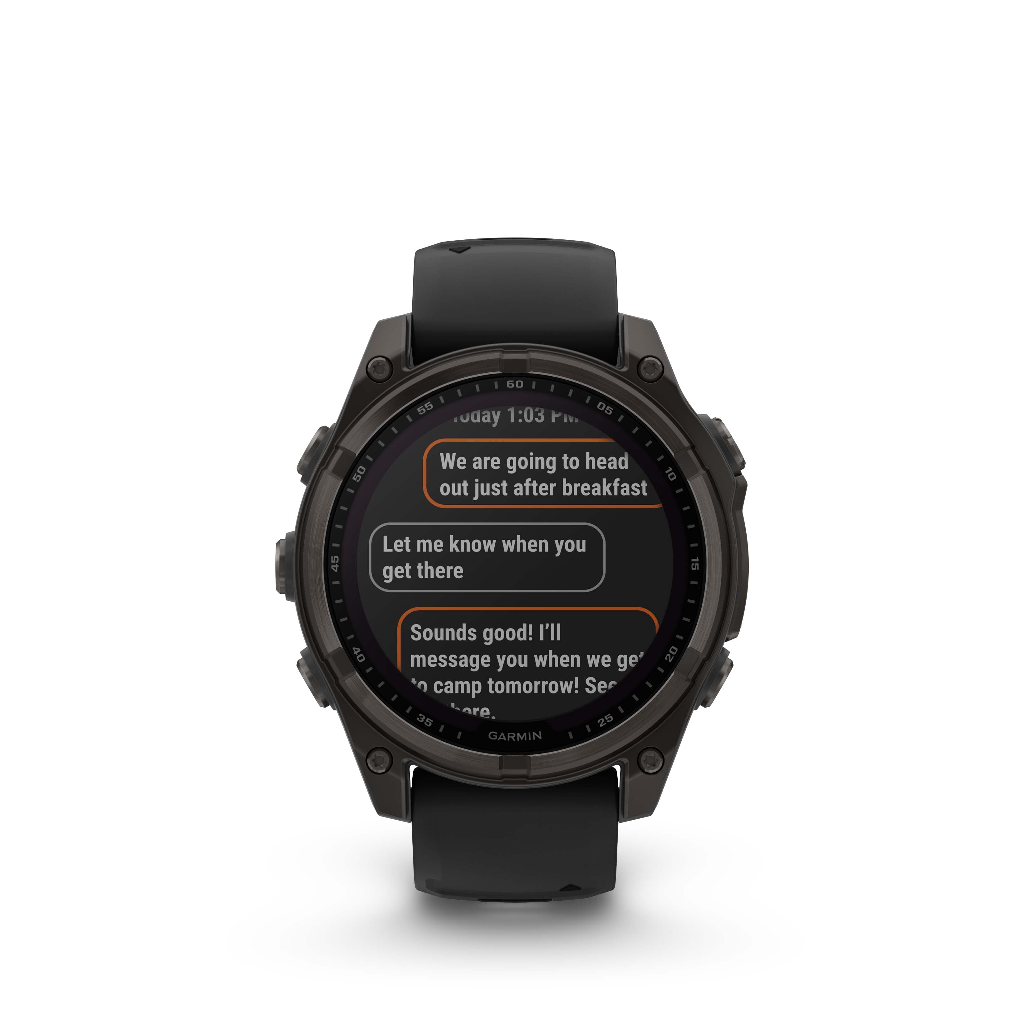 Montre intelligente GPS Garmin fēnix® 8 avec objectif en saphir solaire - 47 mm - Lunette en titane DLC gris carbone avec bracelet en silicone noir/gris galet