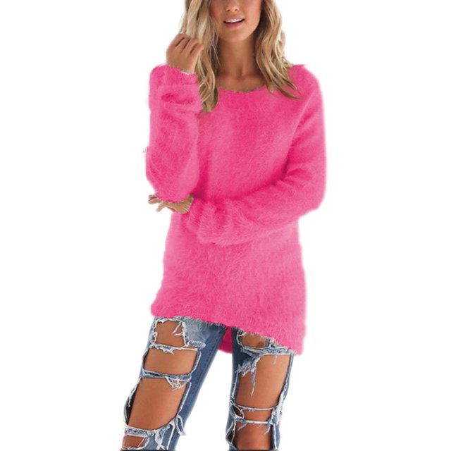 Sexy Dance Ladies Jumper Tops Winter Warm Pullover Solid Color Sweater Loose Sweaters Long Sleeve Deep Rose Powder 3XL
