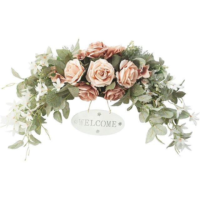 ORUYROP 30 Inch Decorative Floral Swag,Spring Rose Swag with Green Leaves and Welcome Sign,Artificial Floral Swag for Lintel Wedding Arch Home Party Garden Decor