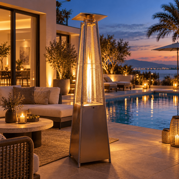 KAMEROUT Chauffage Pyramidal pour Patio, Chauffage Extérieur au Propane de 48 000 BTU avec Protection contre le Basculement, Housse et Roues pour Terrasse, Cour Arrière, Commercial