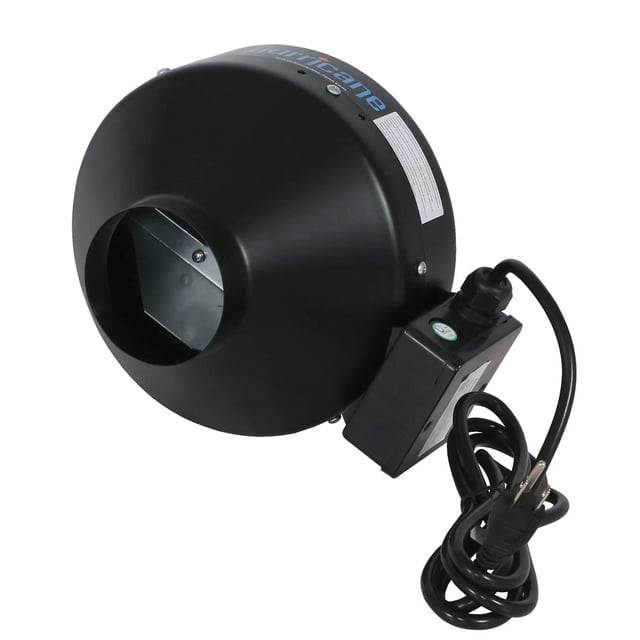 Hurricane Commercial Grade Inline Wall Mount Fan for HVAC and ventilation systems, offering a 4-inch diameter and 171 CFM airflow capacity. Constructed with black alloy steel housing and a powder-coated finish for industrial durability. Includes mounting brackets and a 5-foot 120-volt power cord for easy installation and flexible positioning. Ideal for ductwork and ventilation setups.