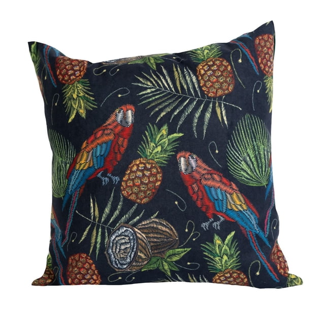 Gouchee Home Lima Parrot Tropical Cushion 18" x 18" set of 2 with square velvet throw pillows in dark fabric featuring vibrant digital prints of red and blue parrots, pineapples, tropical leaves, and a wooden log, designed for versatile home décor with a solid velvet reverse and invisible zipper closure, suitable for adding a tropical accent to living spaces.