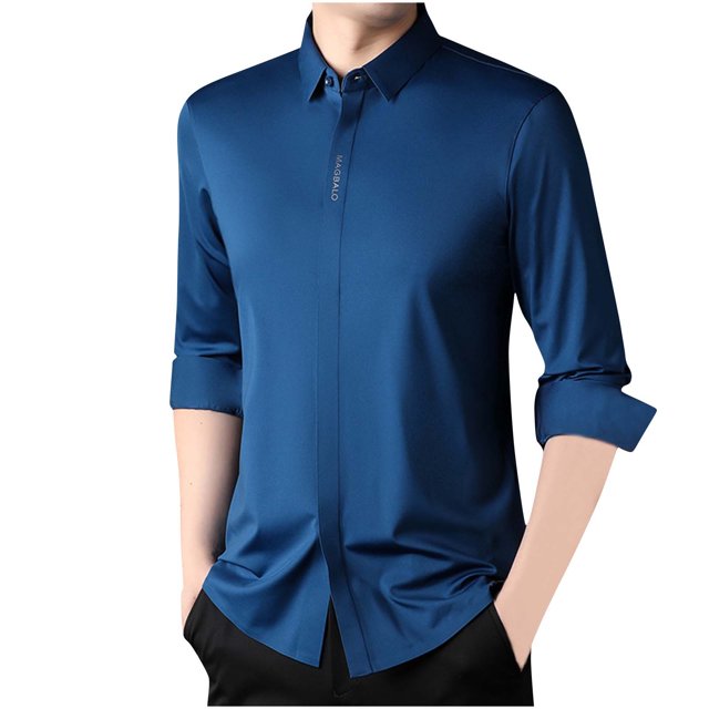 LNWUY Chemises à Manches Longues pour Hommes Séchage Rapide Chemise de Performance Printemps Automne Couleur Unie Rembourrée Chaude Confortable Chemises à Col Rabattable Bleu TTTG
