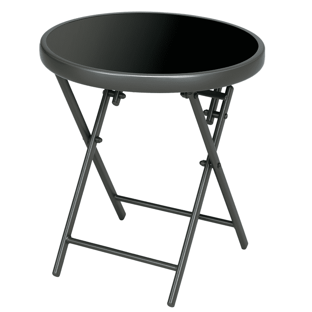 Outsunny Table Pliante d'Extérieur de 18 Pouces avec Dessus en Verre Trempé, Noir. Cette Table d'Appoint Ronde pour patio Présente un Dessus en Verre Trempé Noir et un Cadre en Acier Enduit de Poudre pour la Durabilité. la Conception Pliable Permet un Rangement et une Portabilité Faciles. les Pieds en Plastique Antidérapants Offrent une Stabilité et une protection du Plancher. Idéale pour les Repas en Plein Air Ou comme surface de Maintien, avec une Capacité de Poids de 55 Lb (25 kg). Dimensions : 17,7 Pouces de Diamètre x 19,7 Pouces H (45 Dia. x 5