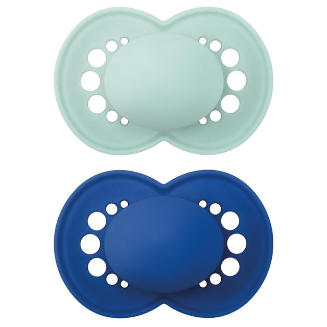 MAM Original Matte Pacifier 2 pack with one light mint green and one deep blue pacifier, each featuring a symmetrical matte shield with ventilation holes, designed for babies 6 months and older to promote healthy oral development.