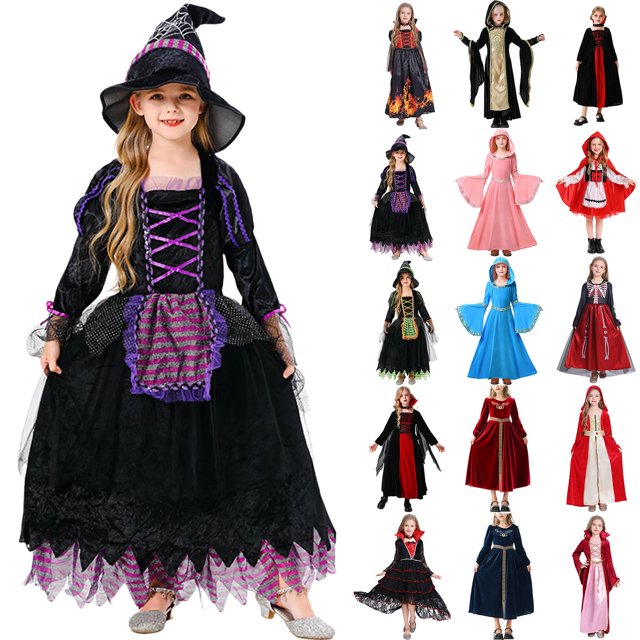 MKOSPLRT Girls Medieval Princess Dress Renaissance Costume Kids Hooded Robe Dress Bell Long Sleeve Maxi Dress for Halloween Cosplay
