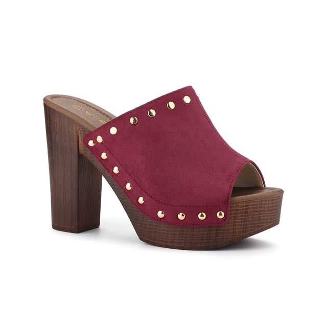 BLISSFUL STEP Chaussures pour Femmes à Plateforme à Talons Épais à Bout Ouvert à Rivets en Faux Suède Sandales à Enfiler Bourgogne 5.5