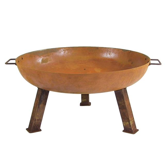 Sunnydaze Outdoor Camping or Backyard Round Cast Iron Rustic Fire Pit Bowl with Handles - 30" - Oxidized Rust. This 30-inch diameter fire pit features a durable cast iron bowl with a rustic oxidized finish, supported by three slanted legs for stability. The fire pit includes side handles for easy portability, making it suitable for camping, backyard gatherings, or beach trips. Its aged finish complements modern, farmhouse, or contemporary outdoor decor.
