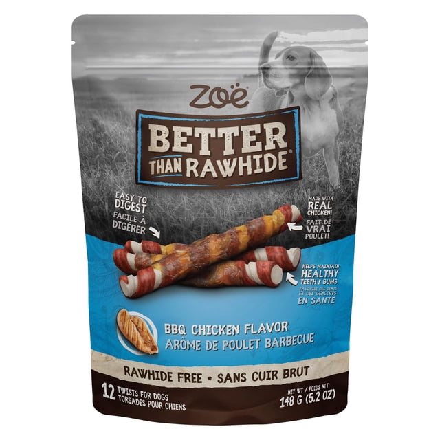 Zoe Better than Rawhide Twists Dog Chews BBQ Chicken 148 g package showing rawhide-free, soft and chewy dog chews made with real chicken, easy to digest and helping maintain healthy teeth and gums, suitable for satisfying dogs' natural chewing instincts.