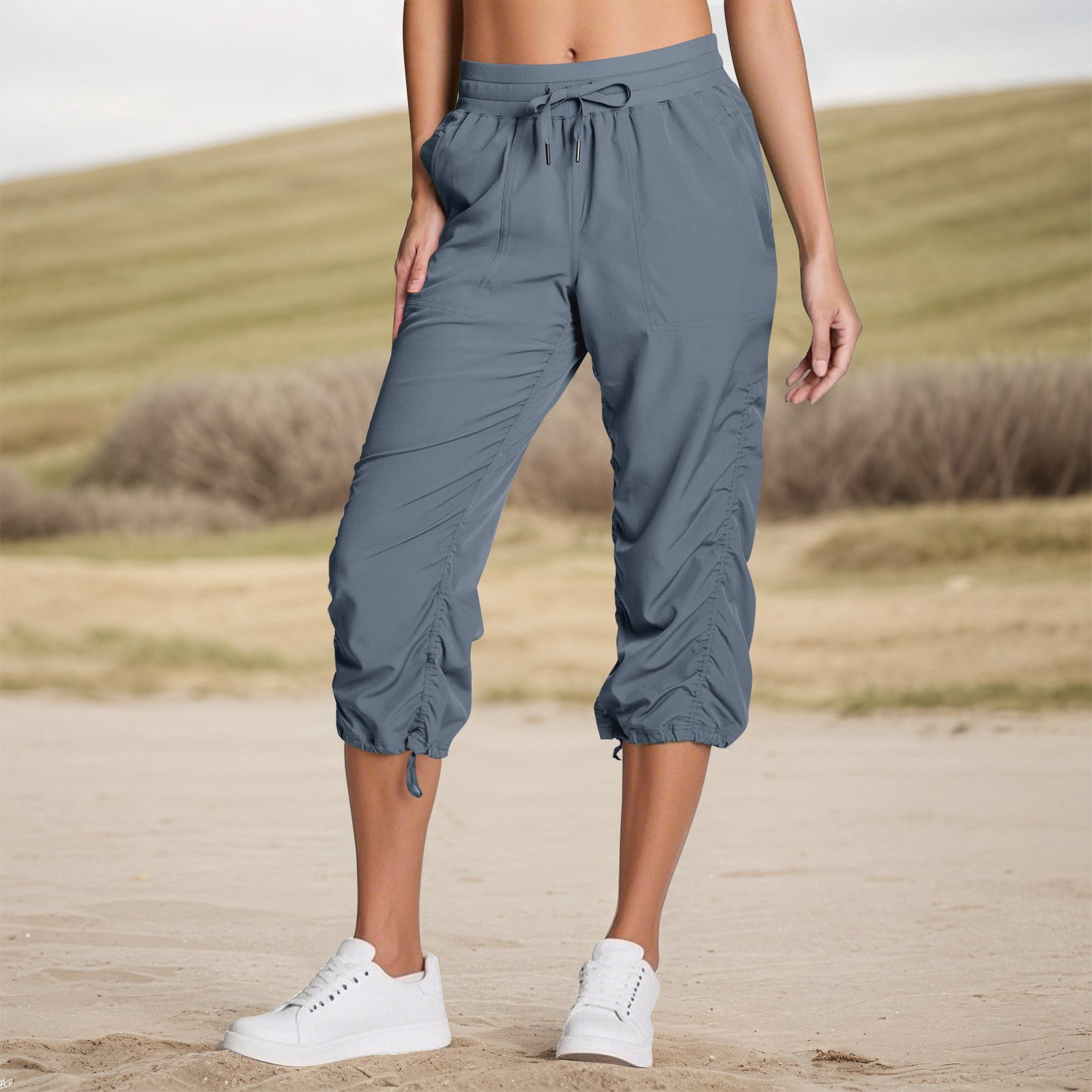 Womens Capris Elastic Waist Adjustable Lightweight Cargo Pants Drawstring Pull on Breathable Cinch Bottom Cropped Pants with Pockets Royal Blue L