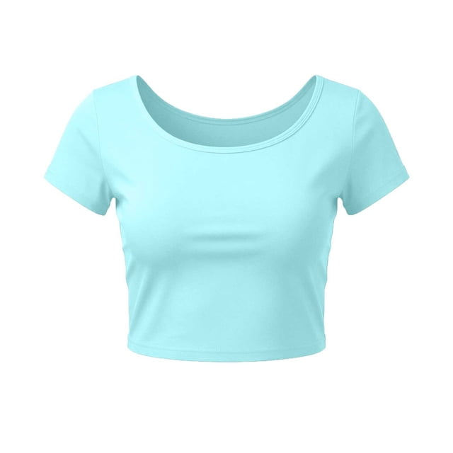 VSSSJ Hauts Courts pour Femmes Manches Courtes Col Rond Extensible Chandail Décontracté Ajusté Uni Confortable Été Basique T-Shirts Courts Bleu Pâle Taille Unique