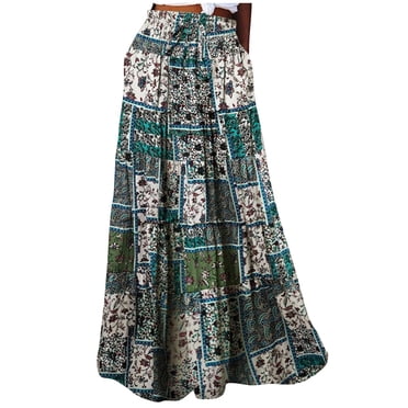 Pisexur Women's Boho Floral Skirt Casual Elastic High Waist Tiered Bohemian Maxi Skirts Flowy A Line Beach Long Skirt with Side Pockets