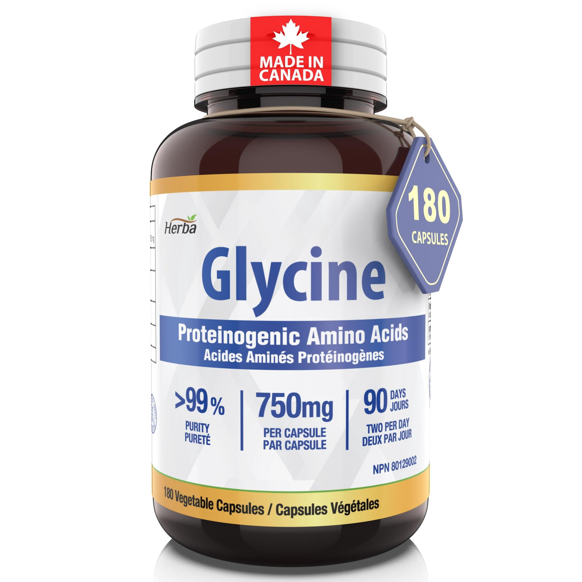 Herba Glycine Supplement 750mg - 180 Capsules | >99% Ultra Pure Glycine Capsules | Made in Canada