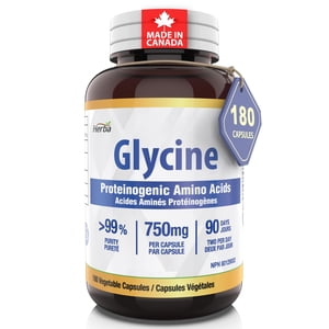 Herba Glycine Supplement 750mg - 180 Capsules | >99% Ultra Pure Glycine Capsules | Made in Canada