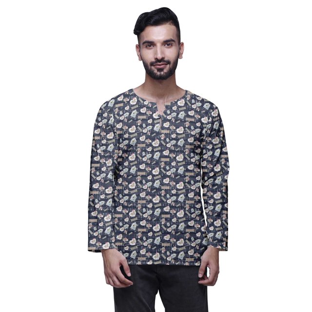 Atasi Cotton Slub Long Sleeve Kurta For Men Keyhole Neck Ethnic PrintedShirt