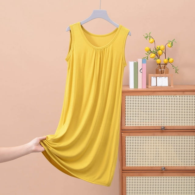 Elvqul Pyjama Sans Manches pour Femmes Dames Robe Unie Chemises de Nuit Jaunes pour Femmes à Boutons