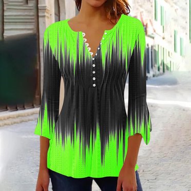 Xihbxyly Chemisiers pour Femmes Manches 3/4 Hauts pour Femmes Chic Décontracté Confortable Ample Mignon Tendance T-Shirt Bouton Col en V Hauts Dégradé Imprimé Tuniques Hauts Chemisiers Ample Confortable Léger Chemisier Hauts T-Shirts