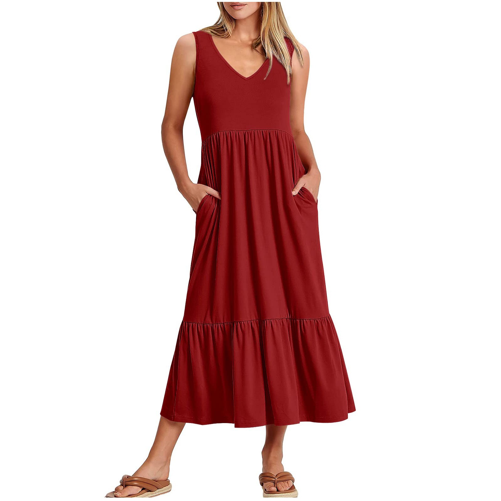 Robes Femmes Été 2023 Mode Féminine Col en V Sans Manches Poches Unies Robe Pull Patchwork Robes de Soirée pour Femmes Élégantes et Élégantes en Solde