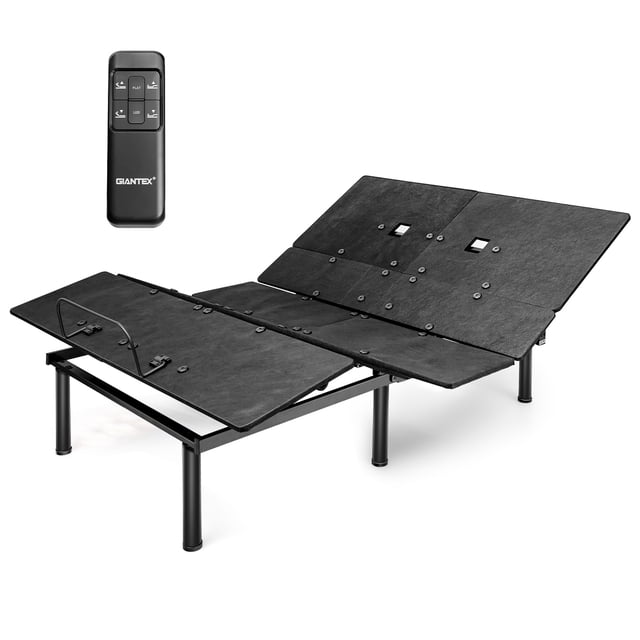 Costway Base de Lit Électrique Grand Ajustable avec Cadre en Métal Noir et Panneaux de Contreplaqué, Comprenant des sections de Tête et de Pied Ajustables avec une Plage de 0° à 55° et de 0° à 40°, Respectivement. Comprend des ports USB Doubles pour Appareils de Recharge, des Lumières DEL pour l'Éclairage Nocturne, et une Télécommande avec Cinq Boutons pour une Utilisation Facile. Conçue pour une Esthétique Moderne et Minimaliste, Elle Supporte jusqu'à 750 Lb et Mesure 79 Pouces par 59 Pouces par 14,5 Pouces à Plat.