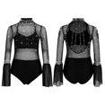 thumbnail image 1 of TSSOE Kids Girls Sparkly Rhinestone Dance Leotard Sheer Mesh Patchwork Bodysuit for Gymnastics Tumbling Black 14, 1 of 4