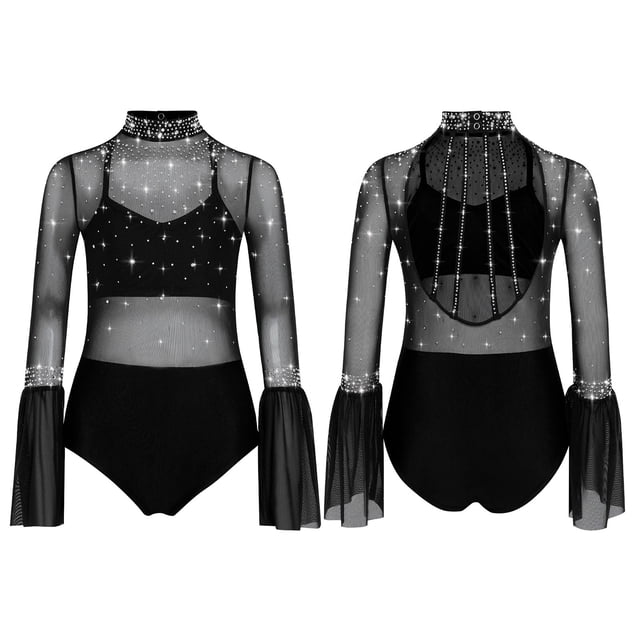 TSSOE Kids Girls Sparkly Rhinestone Dance Leotard Sheer Mesh Patchwork Bodysuit for Gymnastics Tumbling Black 14