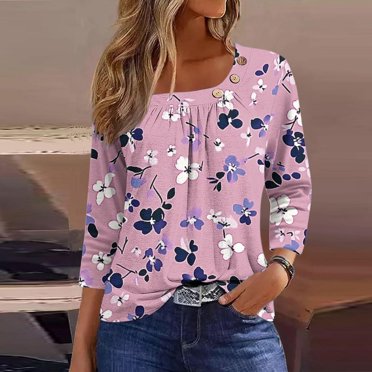 Summer Clearance Sales Iumwxz Loose Pleated Ornamental Button Tunic Tops Going Out Tops for Women Floral Print Tunic Tops Square Neck 3/4 Sleeve Tee Tops for Womens Simple Office