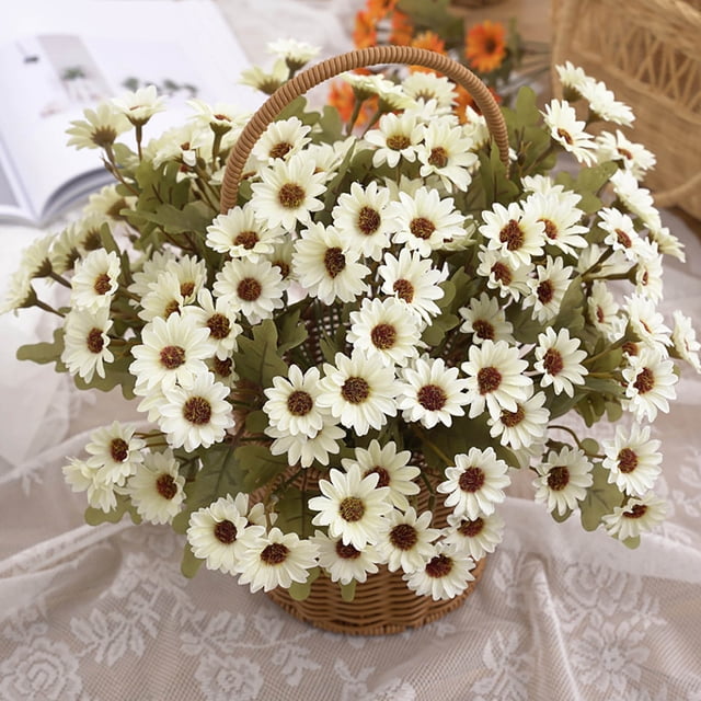 TIMIFIS 2Pcs Artificial Flower,Simulation Fake Flower Little Chamomile Wedding Home Decoration Small Artificial Flower Silk Flower Home Decor Bouquet(White)