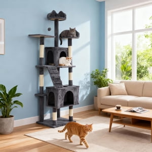 BeesClover 72-Inch Arbre de chat, grande tour de chat multi-niveaux avec 6 Postes de fouille, 2 Perches, 2 Caves, Hammock & Pom Pom Poms, Condo Cat en peluche pour les chats intérieurs