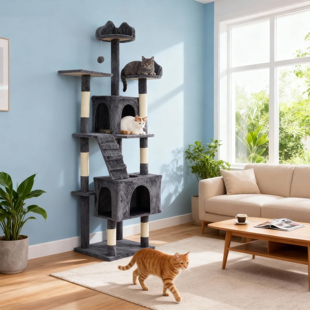 Yiwa Large 72-Inch Cat Tree, Multi-Level Cat Tower Featuring 6 Scratching Posts, 2 Perches, 2 Cozy Caves, Hammock, and Fun Pom Poms for Indoor Cats